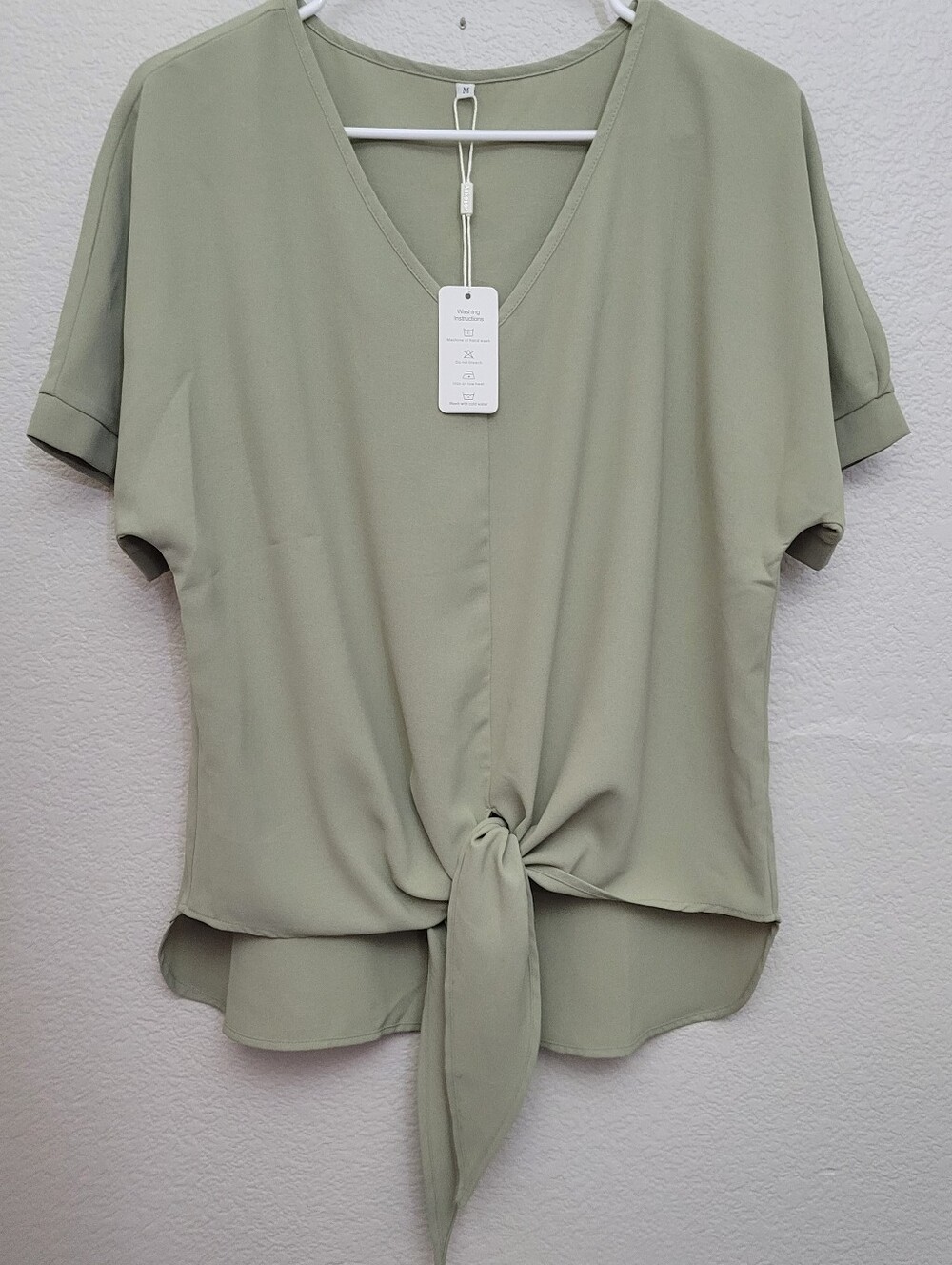 Aokosor Women's Sage Green Tie-Front V-Neck Blouse